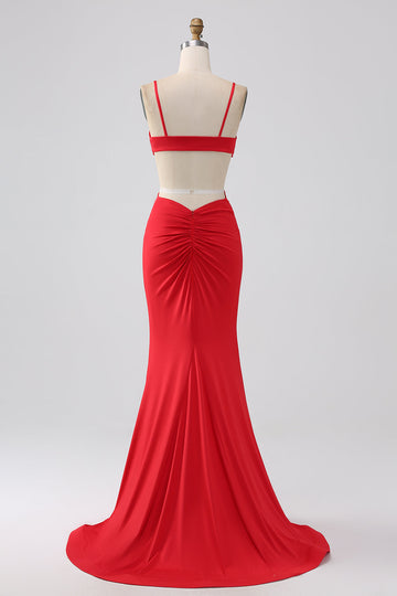 Spaghetti Straps Mermaid Backless Red Ball Dress